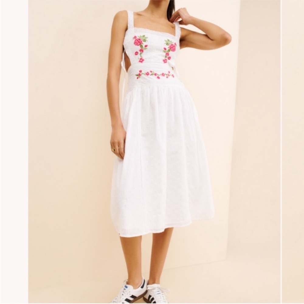 For Love & Lemons White Midi Dress with Pink Floral Embroidery